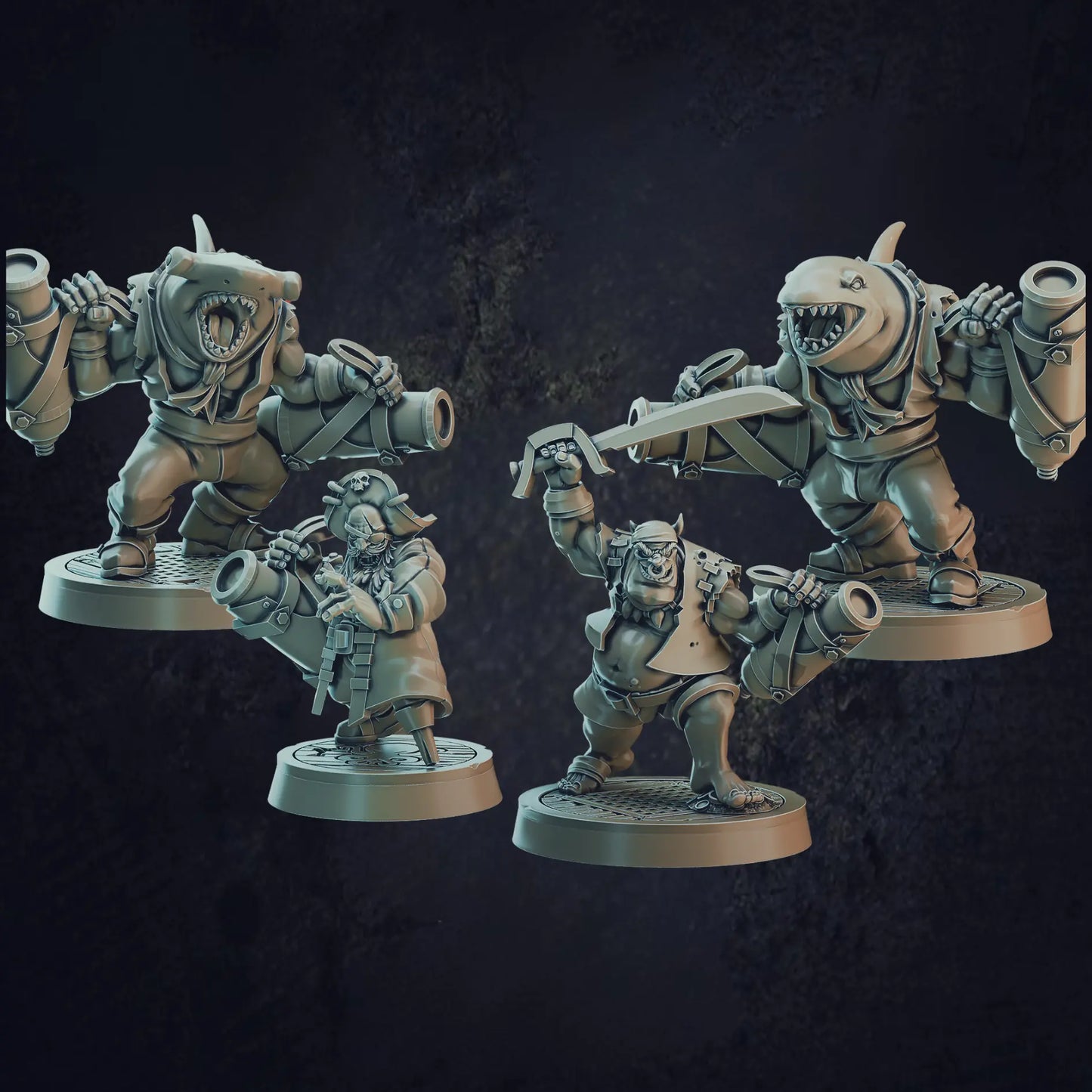 A set of four pirate cannoneer miniatures designed by Cast N Play at a 32mm scale. The band of pirates consists of a dwarf, orc, sharkfolk and a whalefolk. All of these seafaring adventurers are perfect to add to an ocean D&D campaign.