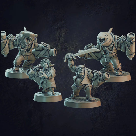 A set of four pirate cannoneer miniatures designed by Cast N Play at a 32mm scale. The band of pirates consists of a dwarf, orc, sharkfolk and a whalefolk. All of these seafaring adventurers are perfect to add to an ocean D&D campaign.