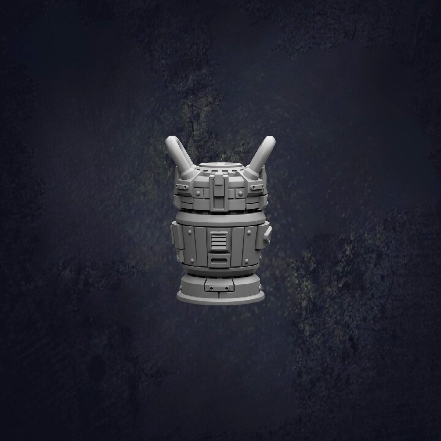 A 3D rendering of a futuristic-looking object, possibly a robot or machine, against a dark background.