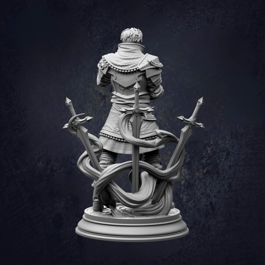 A statue of a person holding three swords, with intricate details and a dark background.