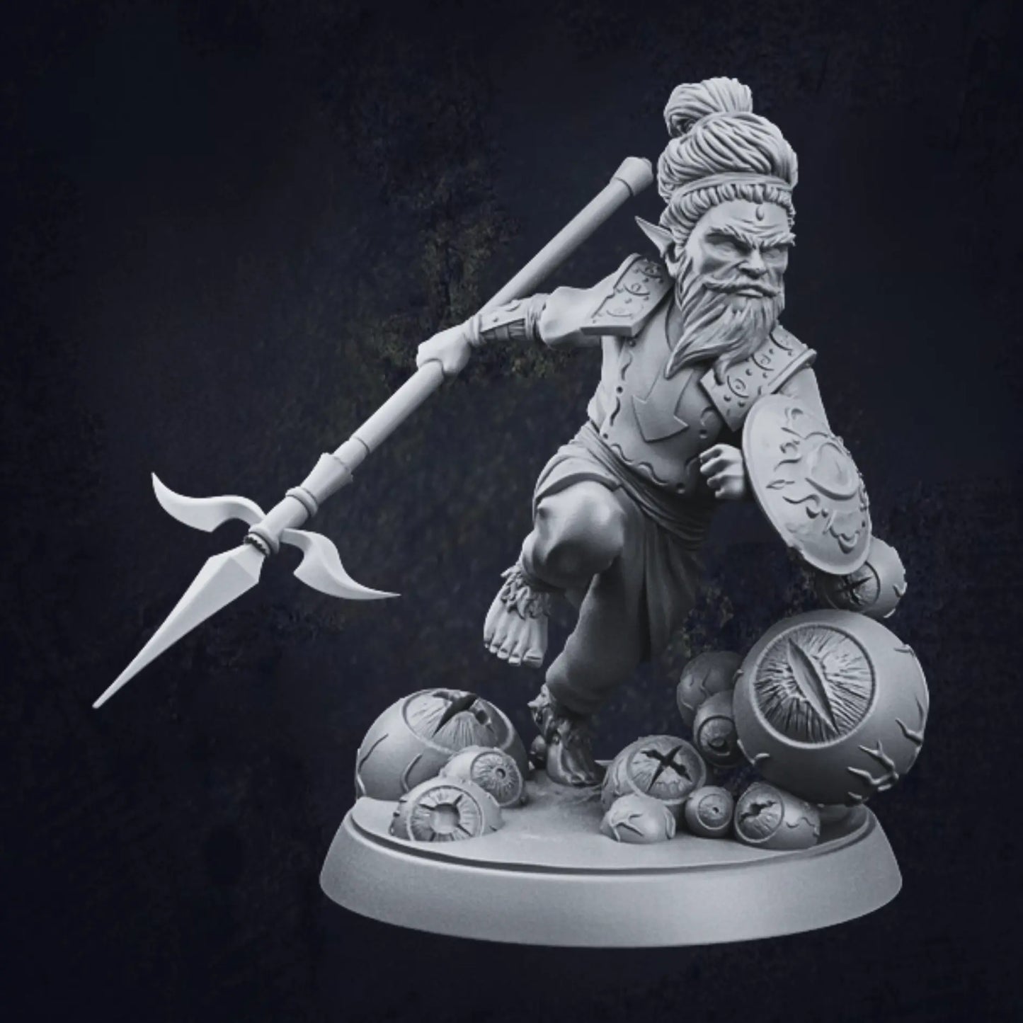A detailed miniature of a halfling chaos knight, designed by TPK Lab. The knight wields a spear and a patterned shield, clad in ornate armor with mysterious symbols. The figure stands on a unique base adorned with eerie, spherical eyeball-like features, adding a fantastical and ominous aesthetic.