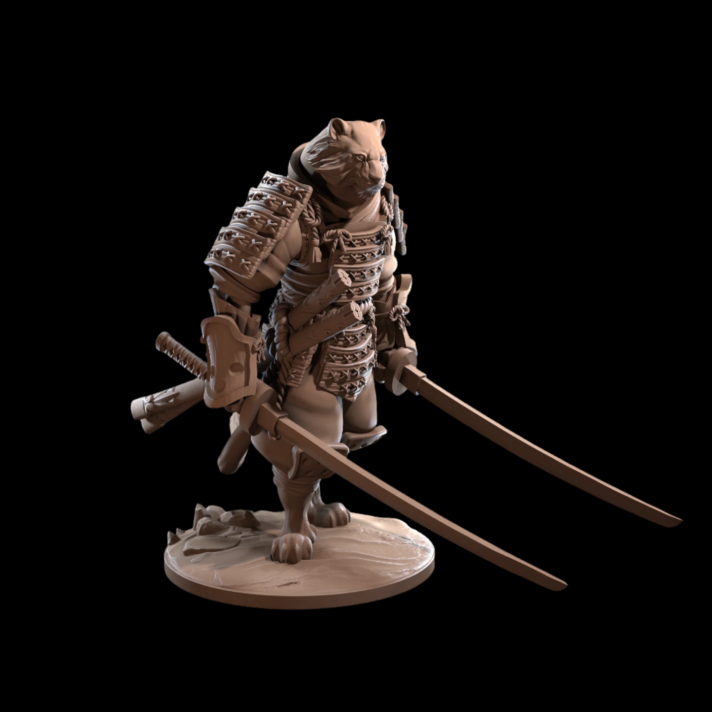 Statue of a warrior animal holding two swords on a black background