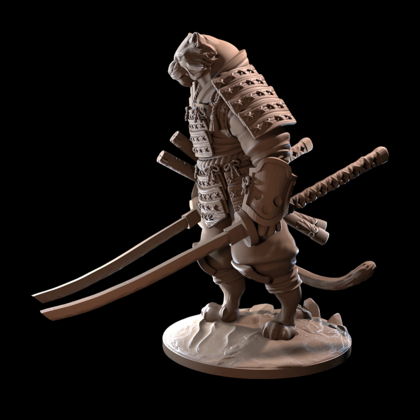Statue of a warrior in armor with two swords on a black background