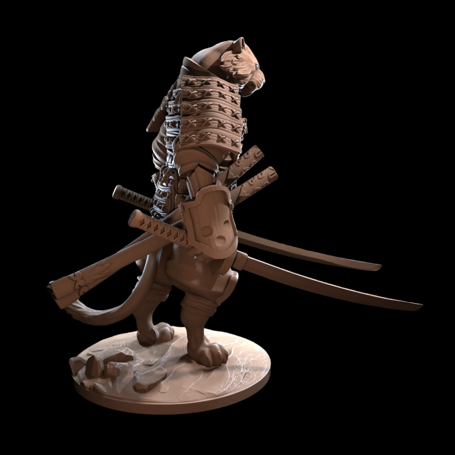 3D Printed figurine of a warrior lion with armor and weapons on a black background