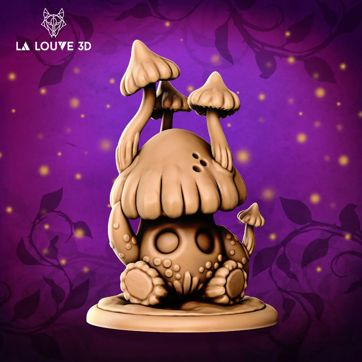 An image of a baby mushroom person miniature also referred to as myconid within D&D gaming sessions. The baby myconid is sat on the ground, with smaller mushrooms growing out of his head. There are two large circles for eyes and the top of the myconid (mushroom head) looks like a hat which the model is holding with one hand.