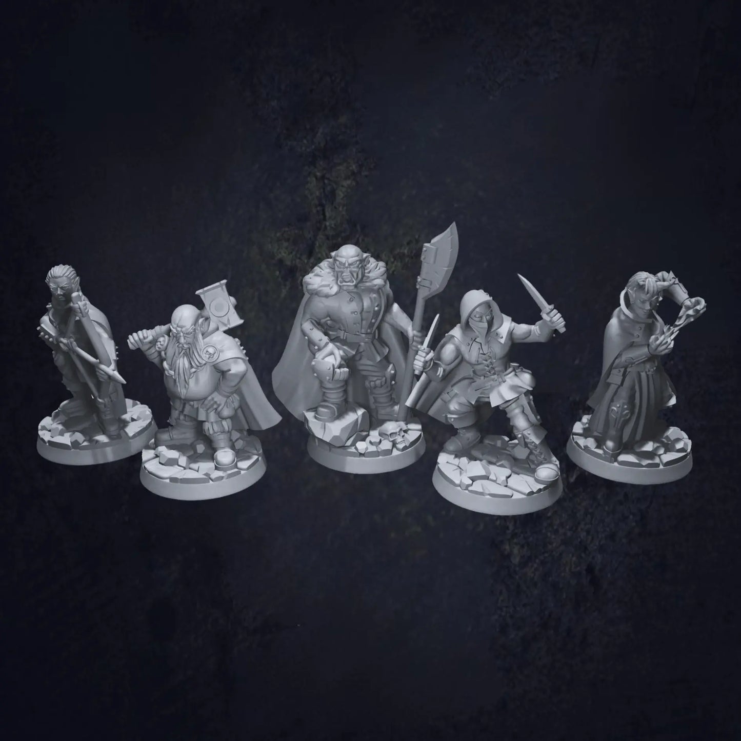 A set of DnD miniatures depicting a group of bandits in various poses. Each bandit is dressed in ragged clothing with weapons like daggers, swords, and bows. The figures reflect a rough and rebellious appearance, with expressions ranging from sneaky to aggressive. These miniatures are perfect for encounters with outlaws, ambushes, or low-tier antagonists in fantasy campaigns, set against a backdrop of forest or village terrain.
