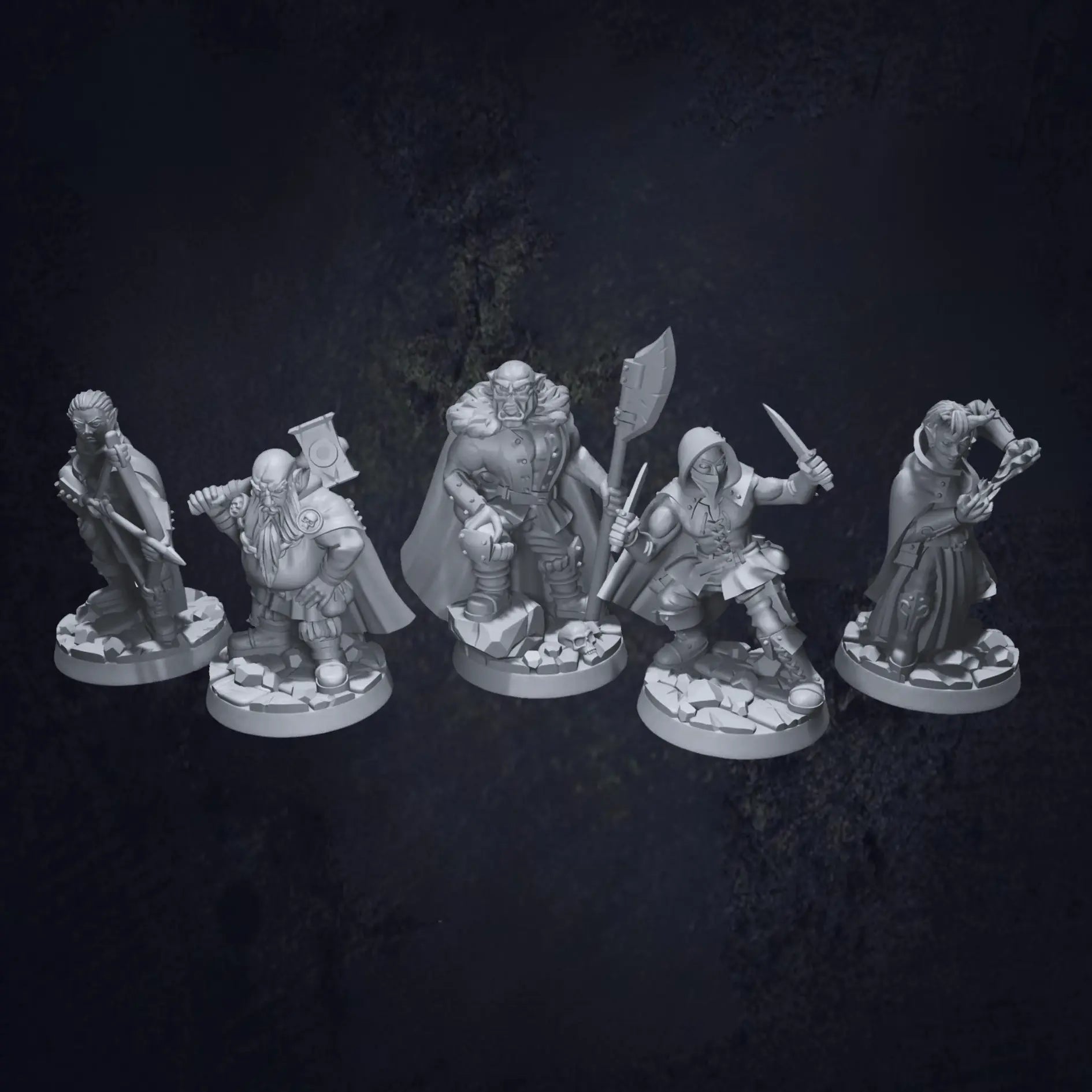 A set of DnD miniatures depicting a group of bandits in various poses. Each bandit is dressed in ragged clothing with weapons like daggers, swords, and bows. The figures reflect a rough and rebellious appearance, with expressions ranging from sneaky to aggressive. These miniatures are perfect for encounters with outlaws, ambushes, or low-tier antagonists in fantasy campaigns, set against a backdrop of forest or village terrain.