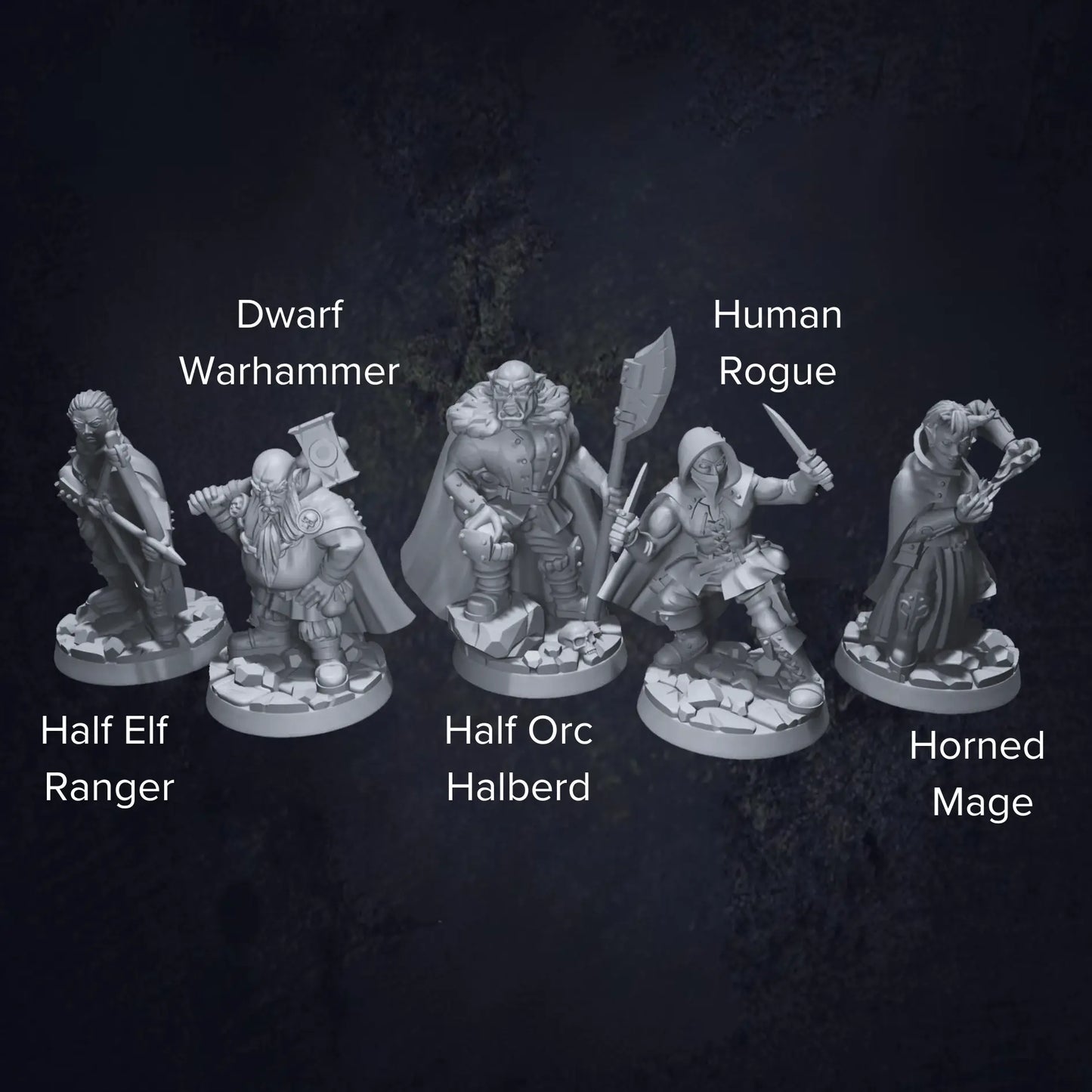 A detailed set of DnD miniatures depicting a group of bandits in various poses. Each figure is dressed in rugged, mismatched clothing with weapons like daggers, swords, and bows. The miniatures are labeled to highlight different bandits, including their individual stances and gear. Their expressions are fierce and determined, capturing their roles as outlaws and rogues. The textured bases are designed to resemble rocky terrain or forest paths, fitting for ambush encounters.