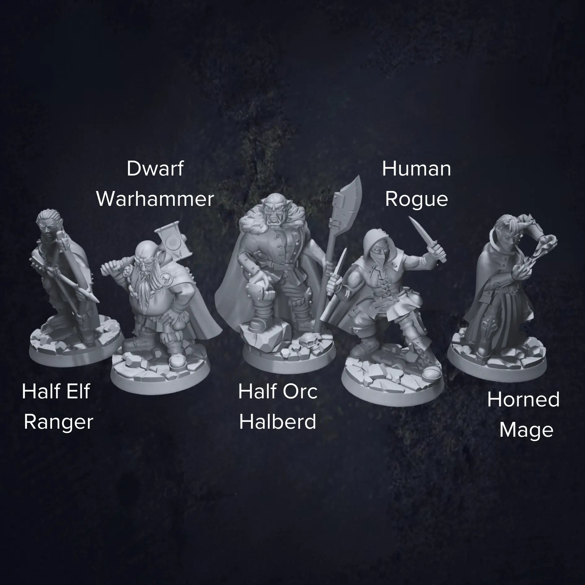 A detailed set of DnD miniatures depicting a group of bandits in various poses. Each figure is dressed in rugged, mismatched clothing with weapons like daggers, swords, and bows. The miniatures are labeled to highlight different bandits, including their individual stances and gear. Their expressions are fierce and determined, capturing their roles as outlaws and rogues. The textured bases are designed to resemble rocky terrain or forest paths, fitting for ambush encounters.
