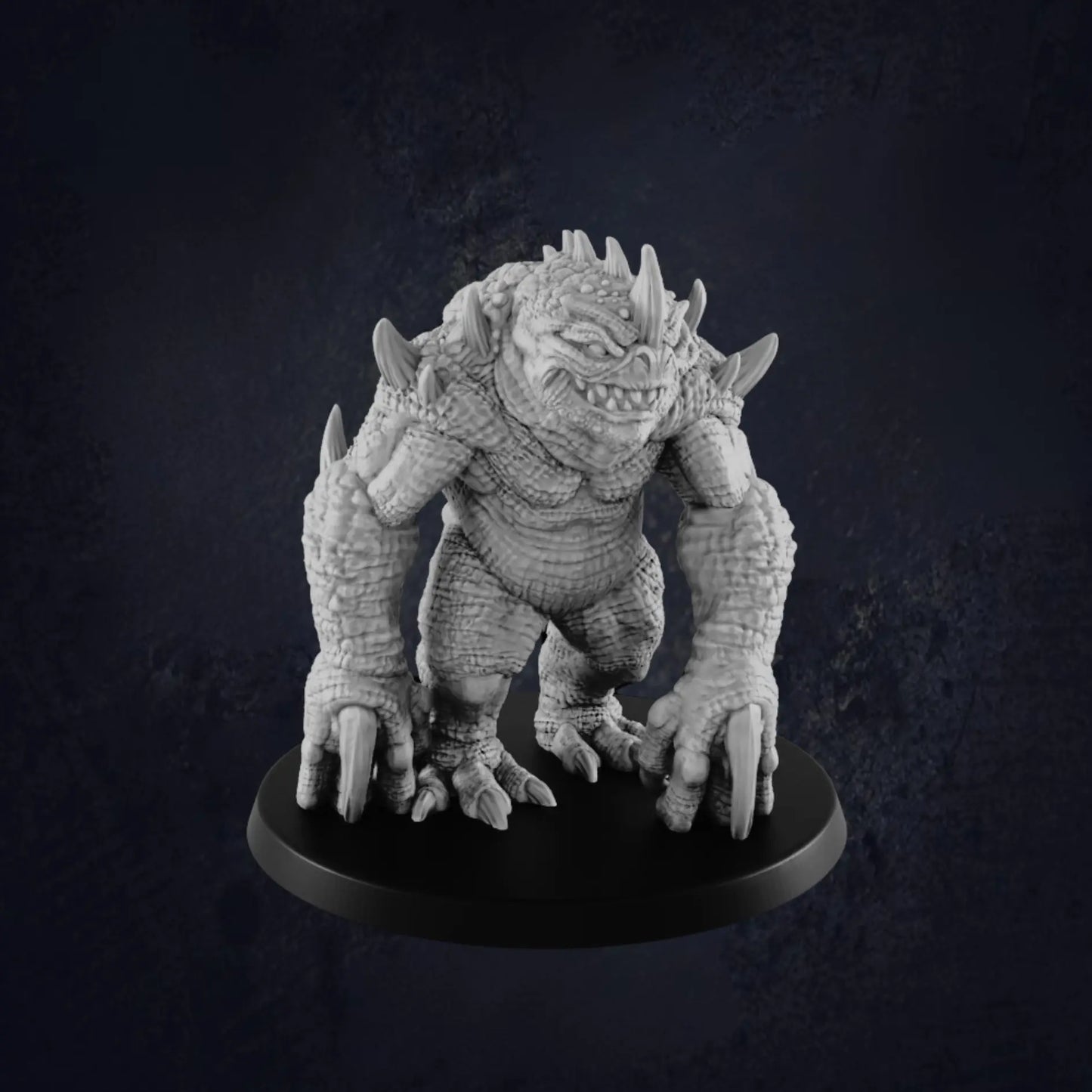 A highly detailed miniature figure of a blue slaad, a chaotic amphibious creature from the Dungeons & Dragons Monster Manual, featuring scaly blue skin, sharp claws, and jagged spikes along its back, posed dynamically on a black circular base for tabletop gameplay.