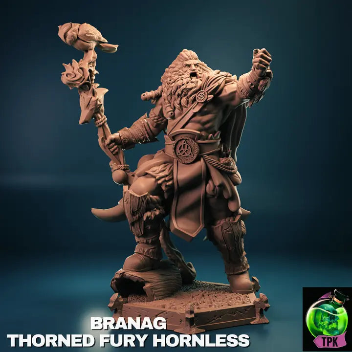 A render of a meticulously crafted miniature figure of a barbarian Viking warrior standing on a rugged, rocky base. The character boasts a powerful, muscular physique, with wild, flowing hair and a full beard. Adorned in traditional Viking attire, the warrior's belt features a prominent circular emblem. He wields a striking staff crowned with a bird sculpture and intricate carvings, emphasizing his commanding presence.