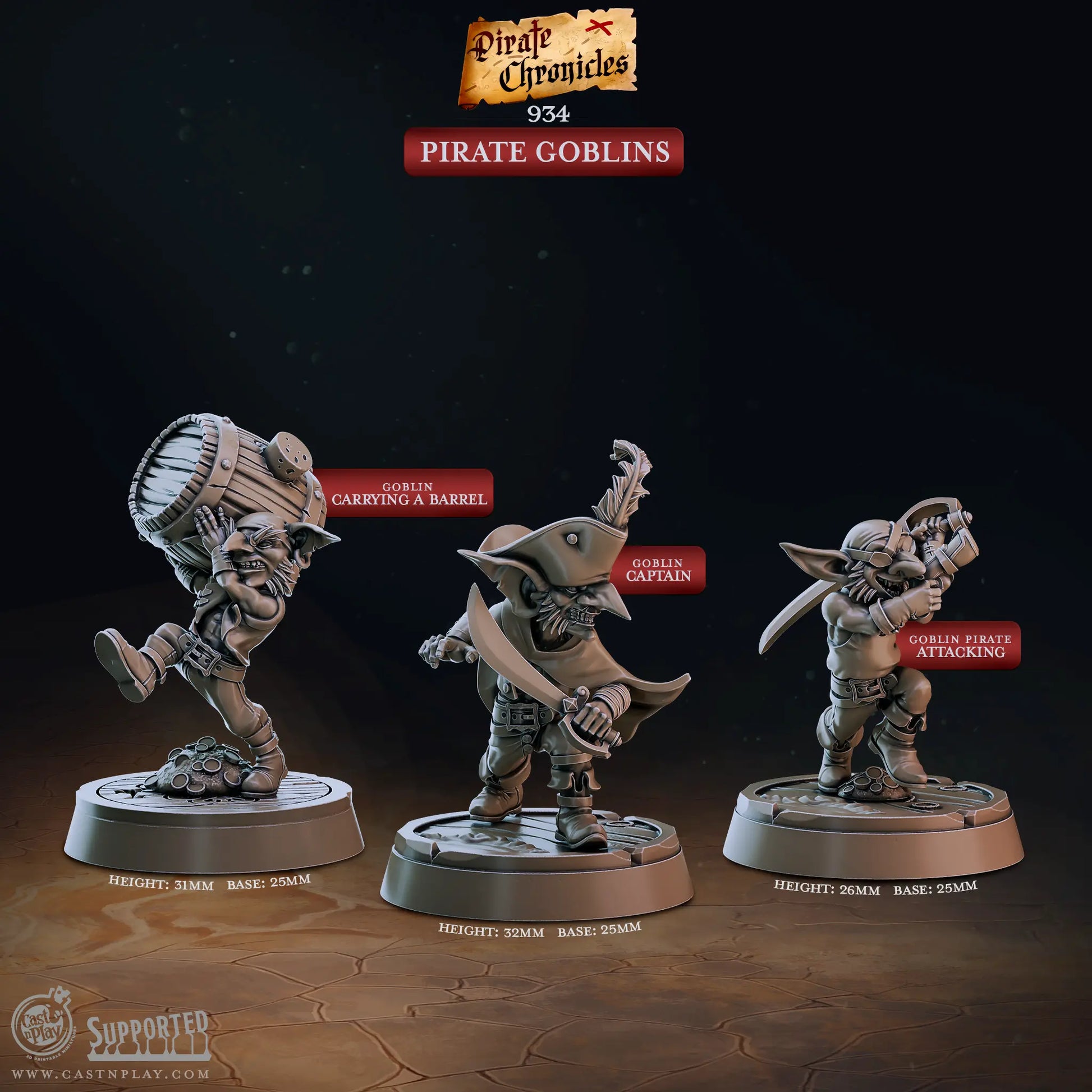 An image with text for detail of a set of three highly detailed 3D printed resin goblin pirates. There is a pirate captain, a goblin carrying a barrel and a sword brandishing attack posed goblin. Ideal to add to any seafaring d&d or rpg tabletop campaign. Designed by Cast N Play at 32mm scale, and on 25mm bases. The text highlights the height of each model, the base size and that they are part of the pirate chronicles collection.