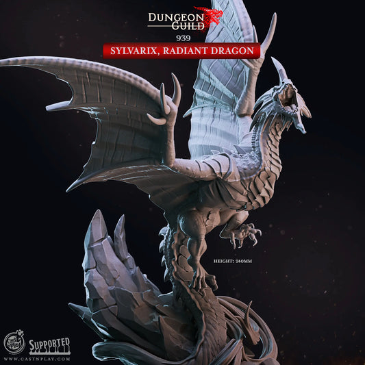 An unpainted 3D-printed dragon miniature at 32mm scale, soaring into flight with a height of 240mm. The dragon is posed dynamically, with its wings spread wide and its mouth open in a fierce roar. Its powerful limbs and tail enhance the sense of movement, while intricate details such as sharp scales, curved horns, and menacing eyes add to its imposing presence. Designed for tabletop gaming or display, the model captures the raw power and majesty of a dragon taking to the skies