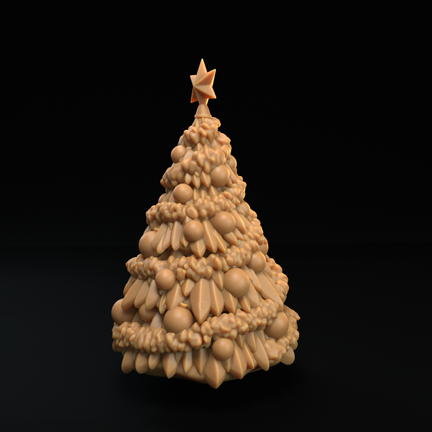 3D-printed Christmas tree model on a black background