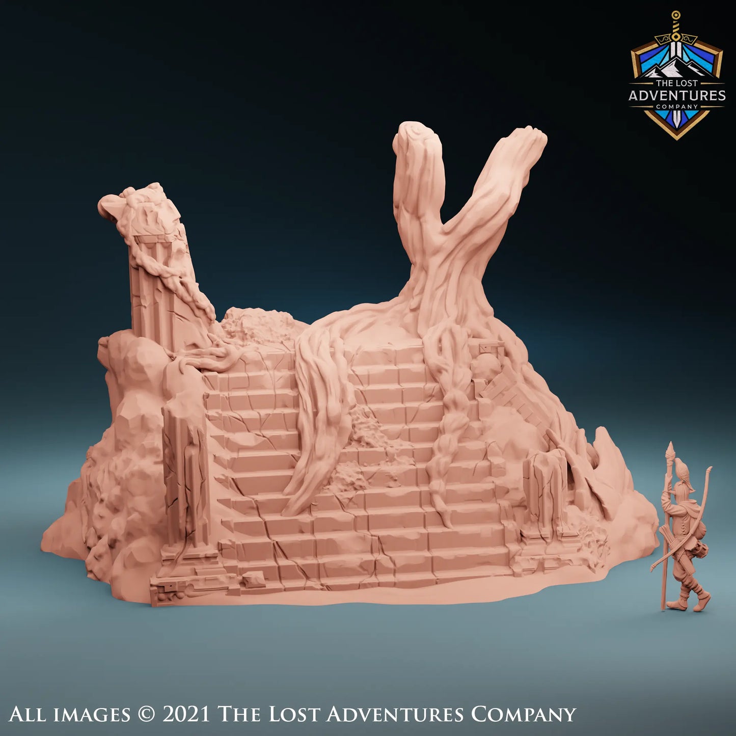 A 3D-printed fantasy terrain piece featuring a large, crumbling staircase carved into a rocky hill, overgrown with massive, gnarled roots. Ruined pillars and worn steps add to the ancient, abandoned look. A miniature adventurer figure stands at the base for scale, emphasizing the dramatic height and detail—perfect for tabletop RPG encounters in forgotten temples or overgrown ruins.
