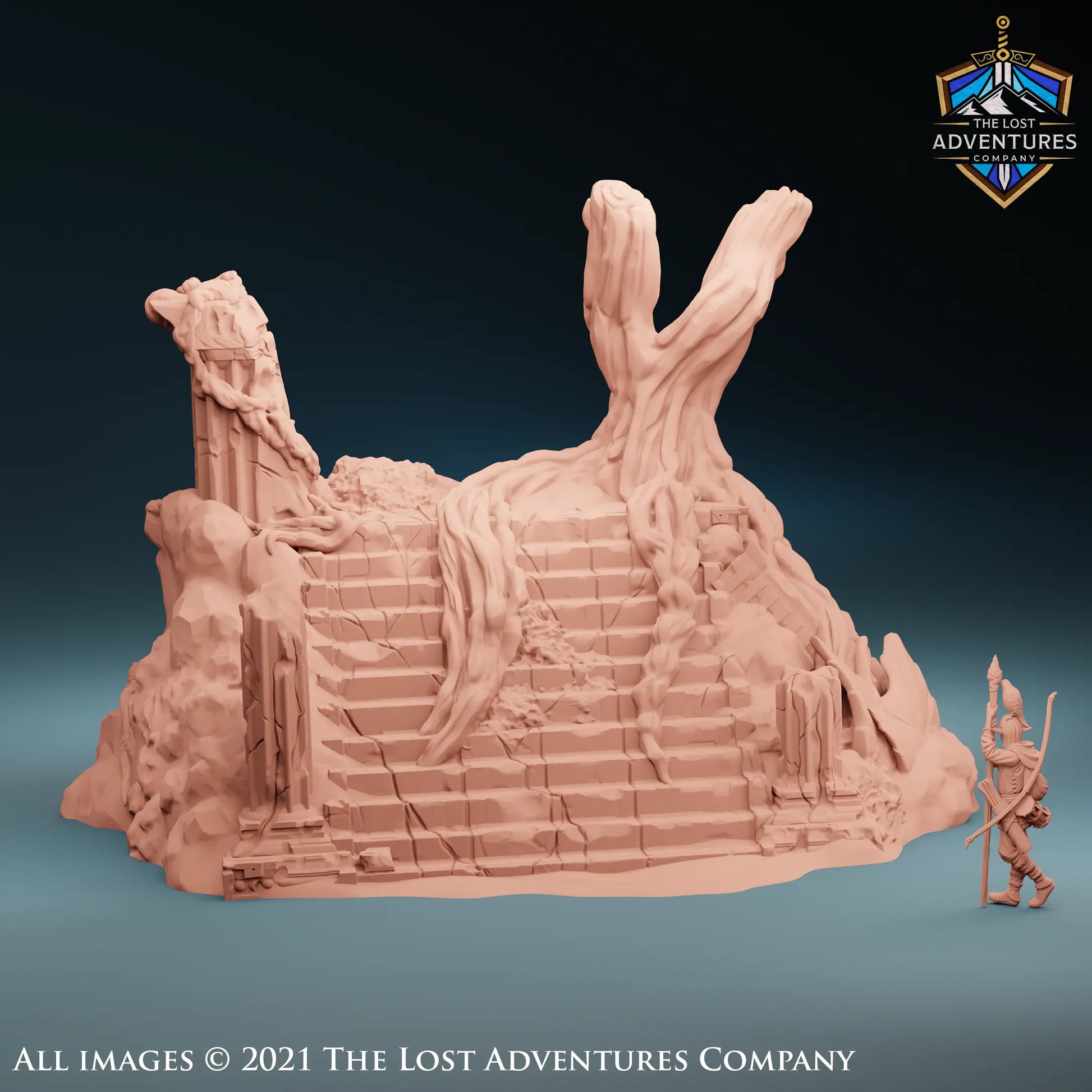 A 3D-printed fantasy terrain piece featuring a large, crumbling staircase carved into a rocky hill, overgrown with massive, gnarled roots. Ruined pillars and worn steps add to the ancient, abandoned look. A miniature adventurer figure stands at the base for scale, emphasizing the dramatic height and detail—perfect for tabletop RPG encounters in forgotten temples or overgrown ruins.