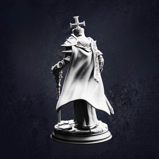 Rear view of this war cleric, displaying their church symbol on their head, flowing cloak. You can see them using a gilded walking stick.
