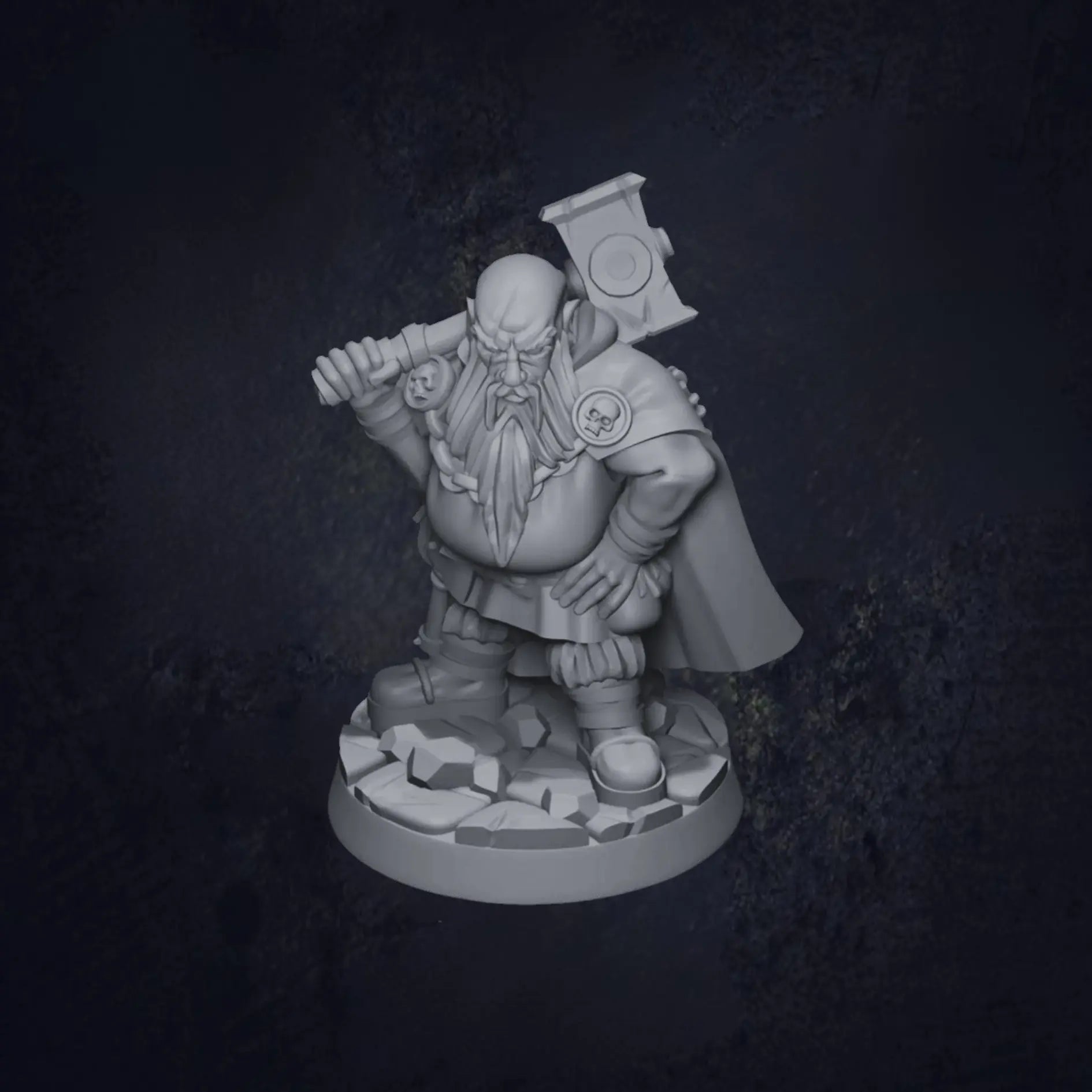 A sturdy DnD miniature of a dwarf warrior, wielding a large warhammer. The dwarf is heavily armored, with intricate details on their plate armor and a shield slung on their back. Their short stature and muscular build are complemented by a thick beard and stern expression, embodying the resilient spirit of dwarven warriors. The warhammer is held with both hands, ready to deliver powerful blows in battle. The textured base enhances the figure's sturdy, battle-hardened nature.