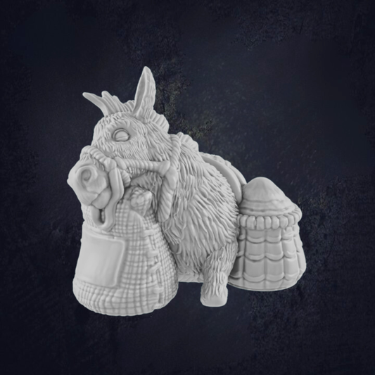 A side view of lazy donkey miniature. Leaning against some sacks. Ideal for farm TTRPG scenarios or in a town square. Ideal companion to NPCs and to add character to any D&D game.