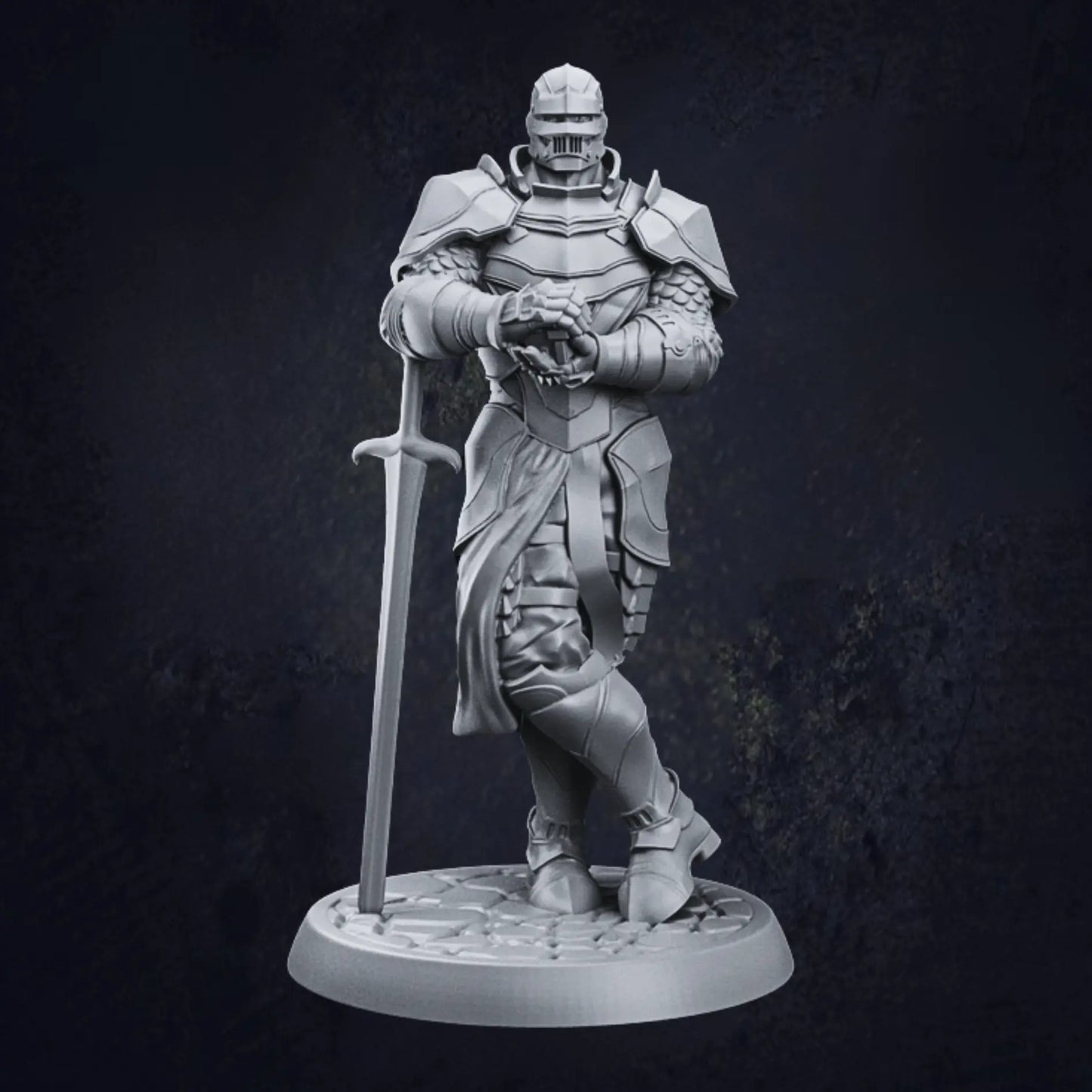 A detailed 3D-printed model of an armored city guard, designed by TPK Labs. The guard stands on a circular cobblestone-patterned base, clad in intricate plate armor with scale mail on the arms. Holding a sword with both hands, the blade rests vertically on the ground. The helmet features a visor, complementing the ornate design of the chest plate, shoulder plates, and skirt-like lower armor. The model is unpainted, showcasing its craftsmanship.