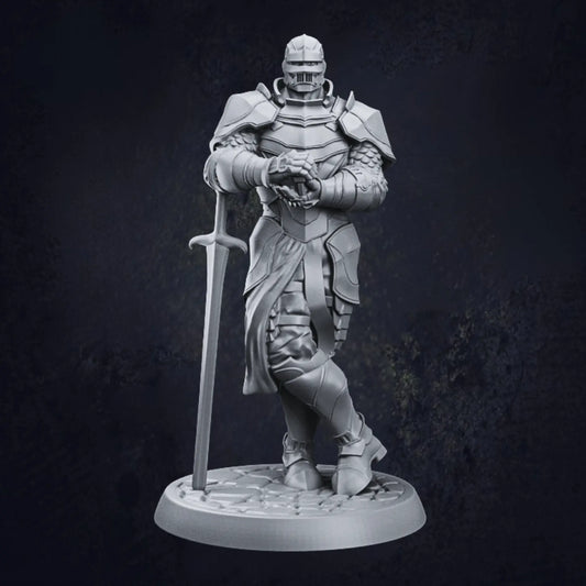 A detailed 3D-printed model of an armored city guard, designed by TPK Labs. The guard stands on a circular cobblestone-patterned base, clad in intricate plate armor with scale mail on the arms. Holding a sword with both hands, the blade rests vertically on the ground. The helmet features a visor, complementing the ornate design of the chest plate, shoulder plates, and skirt-like lower armor. The model is unpainted, showcasing its craftsmanship.