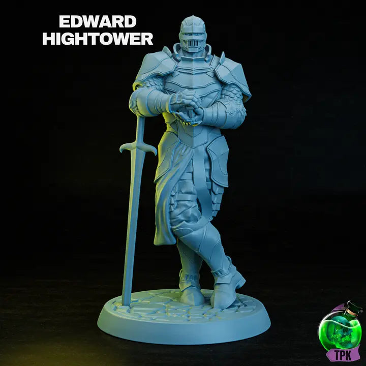 A render of a detailed 3D-printed model of an armored city guard, designed by TPK Labs. The guard stands on a circular cobblestone-patterned base, clad in intricate plate armor with scale mail on the arms. Holding a sword with both hands, the blade rests vertically on the ground. The helmet features a visor, complementing the ornate design of the chest plate, shoulder plates, and skirt-like lower armor. The model is unpainted, showcasing its craftsmanship.