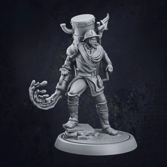 A highly detailed 3D-printed miniature of a Water Genasi Sorcerer, posed dynamically with magical water swirling from their mechanical gauntlet. The figure wears a mix of armor and robes, with intricate accessories and a large alchemical contraption on their back, perfect for tabletop RPGs or display painting.