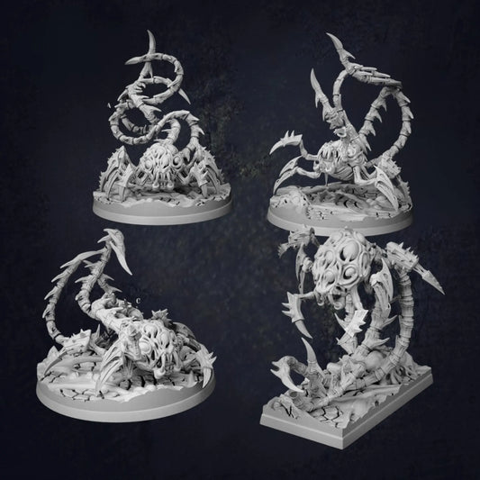 A highly detailed DnD miniature of a grotesque alien eldritch horror, known as the "Eviscerator." This monstrous creature features a twisted and otherworldly form, with multiple limbs, sharp claws, and an intimidating, gaping maw. Its body is covered in grotesque, writhing tendrils and spiny armor-like textures, evoking a sense of terror and malevolent power. The figure's design reflects a nightmarish and alien presence, perfect for dark fantasy or science fiction-themed tabletop RPGs.