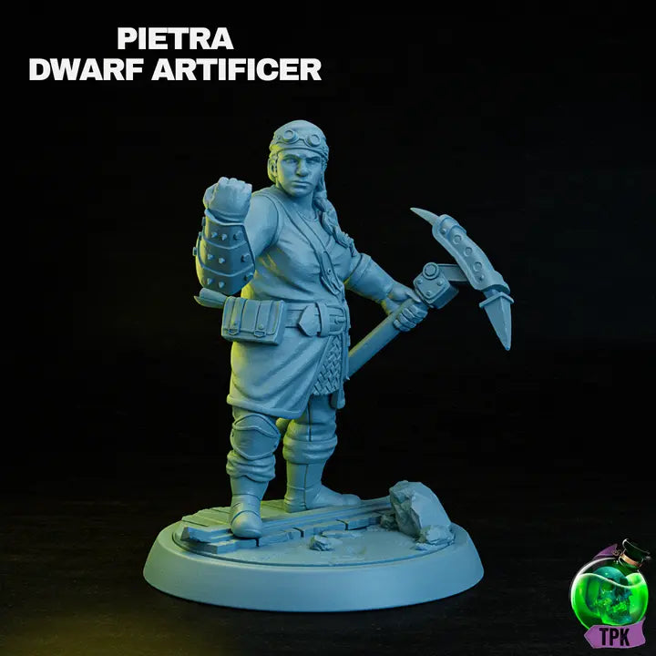 A render of a detailed 3D-printed miniature of a female dwarven artificer, standing on a rocky circular base. The artificer is adorned in a tunic with a belt holding various pouches, paired with armored gauntlets and boots. She wields a large hammer or pickaxe in her right hand, while her left hand is raised in a clenched fist. The model showcases intricate craftsmanship, highlighting the artificer's robust and industrious character.