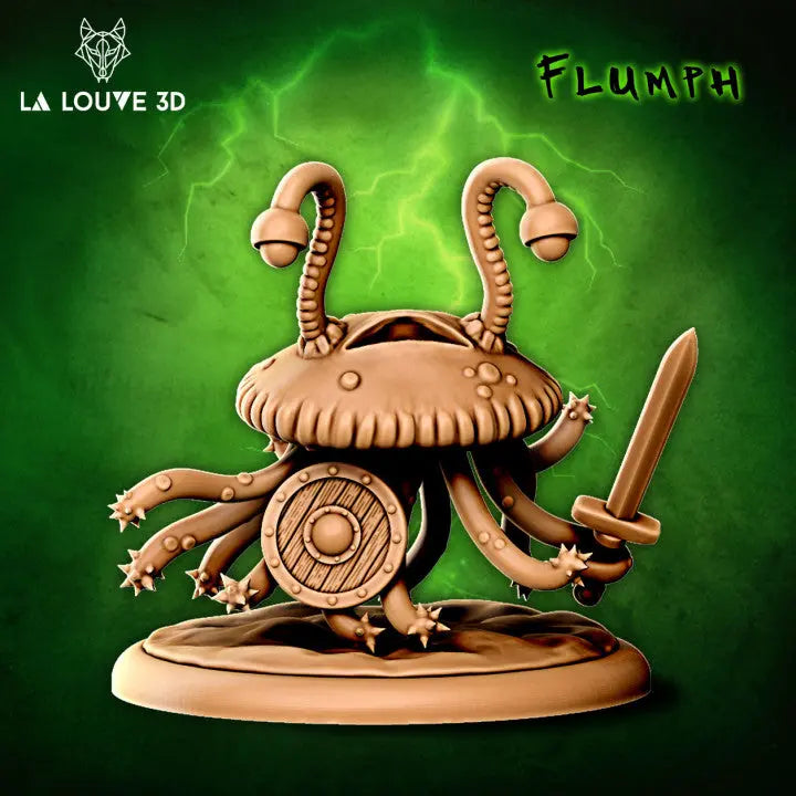 A 3D-printed miniature of a flumph, featuring a mushroom-like body and delicate tendrils. The flumph wields a sword in one tendril while gripping a shield in another, showcasing a dynamic pose. Designed by La Louve 3D