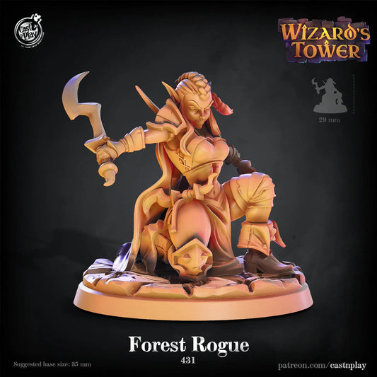 A detailed DnD miniature of a stealthy forest rogue, poised in a crouched position. The rogue wears light, flexible armor designed for agility, with a hood and a cloak that blends into the forest surroundings. Equipped with daggers and a bow, the character is ready for a swift strike. Their expression is focused, with keen eyes scanning the environment. The textured base suggests forest terrain, perfect for woodland ambushes.