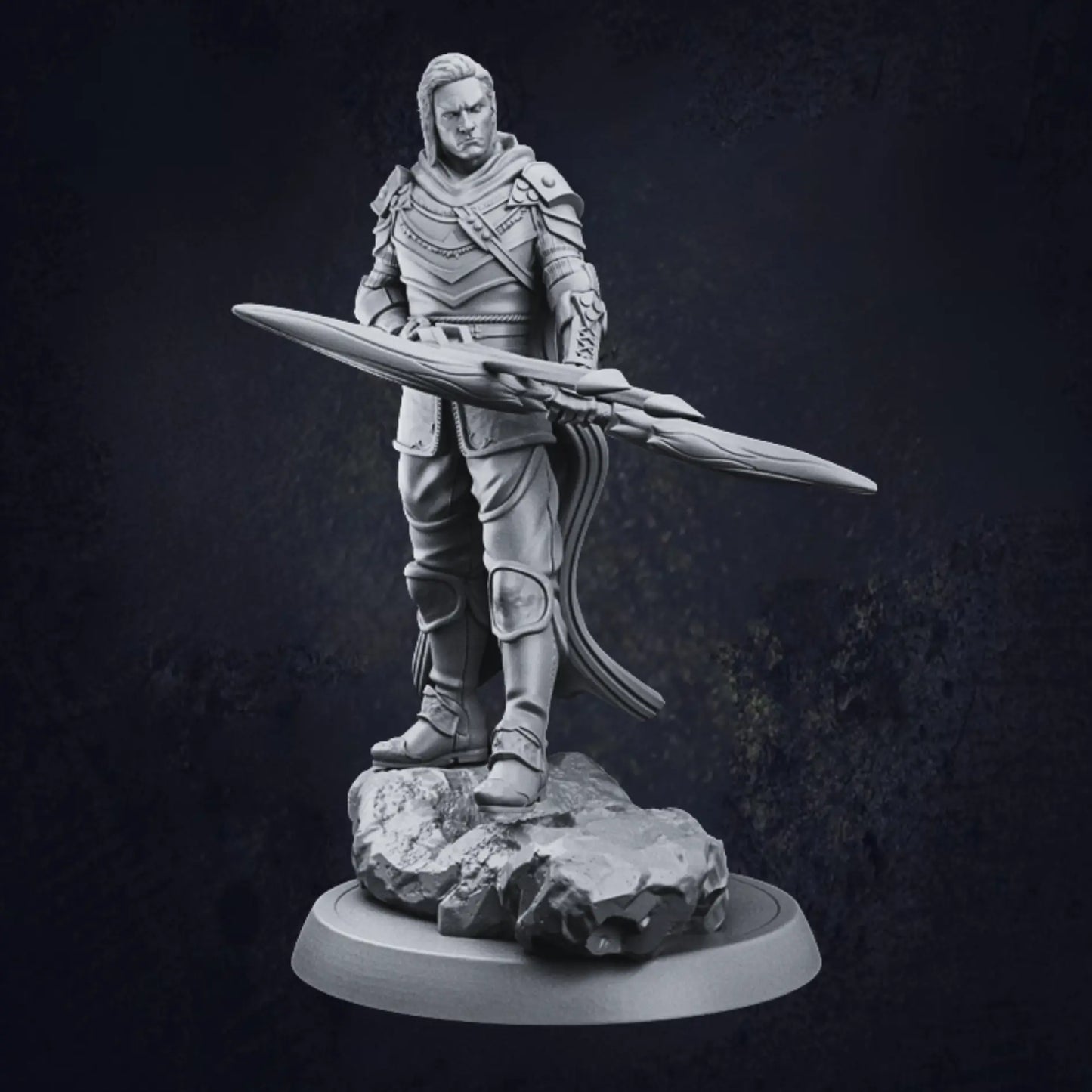A highly detailed model of a male elven ranger, standing confidently on a rocky base. The ranger wears ornate armor adorned with intricate patterns and textures, including shoulder pads, arm guards, and knee pads. He holds a large, elaborately designed bow horizontally across his body, emphasizing his prowess as a skilled archer. High Quality and crafted from resin.