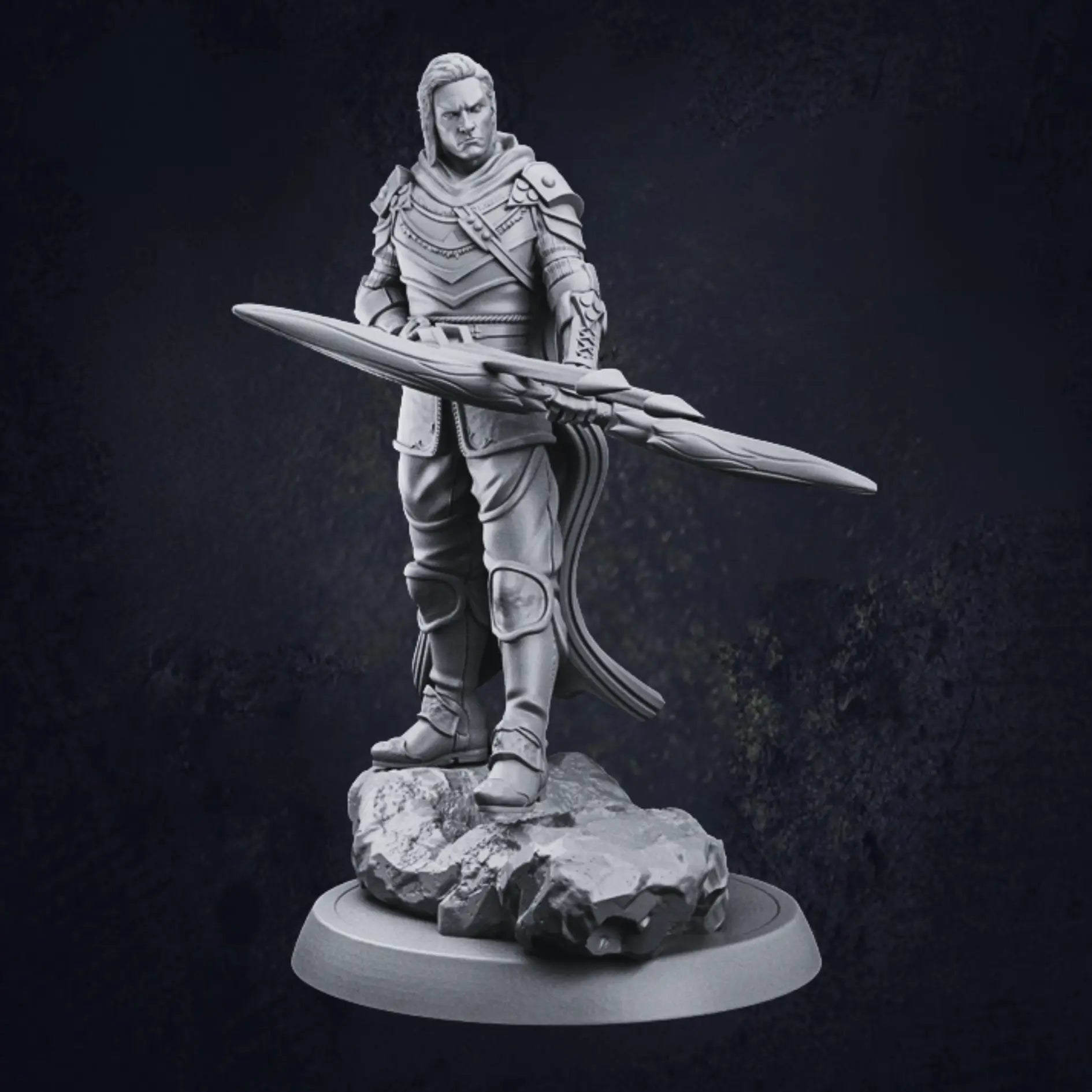 A highly detailed model of a male elven ranger, standing confidently on a rocky base. The ranger wears ornate armor adorned with intricate patterns and textures, including shoulder pads, arm guards, and knee pads. He holds a large, elaborately designed bow horizontally across his body, emphasizing his prowess as a skilled archer. High Quality and crafted from resin.