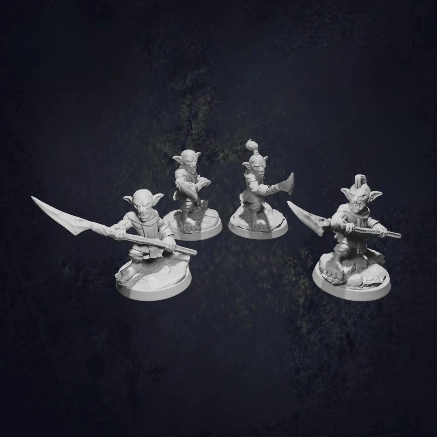 Unpainted 3D-printed resin goblin miniature wielding a spear, designed for DnD, tabletop RPGs, and wargaming. This high-quality fantasy miniature stands on a textured round base, perfect for painting and customizing in your next adventure.