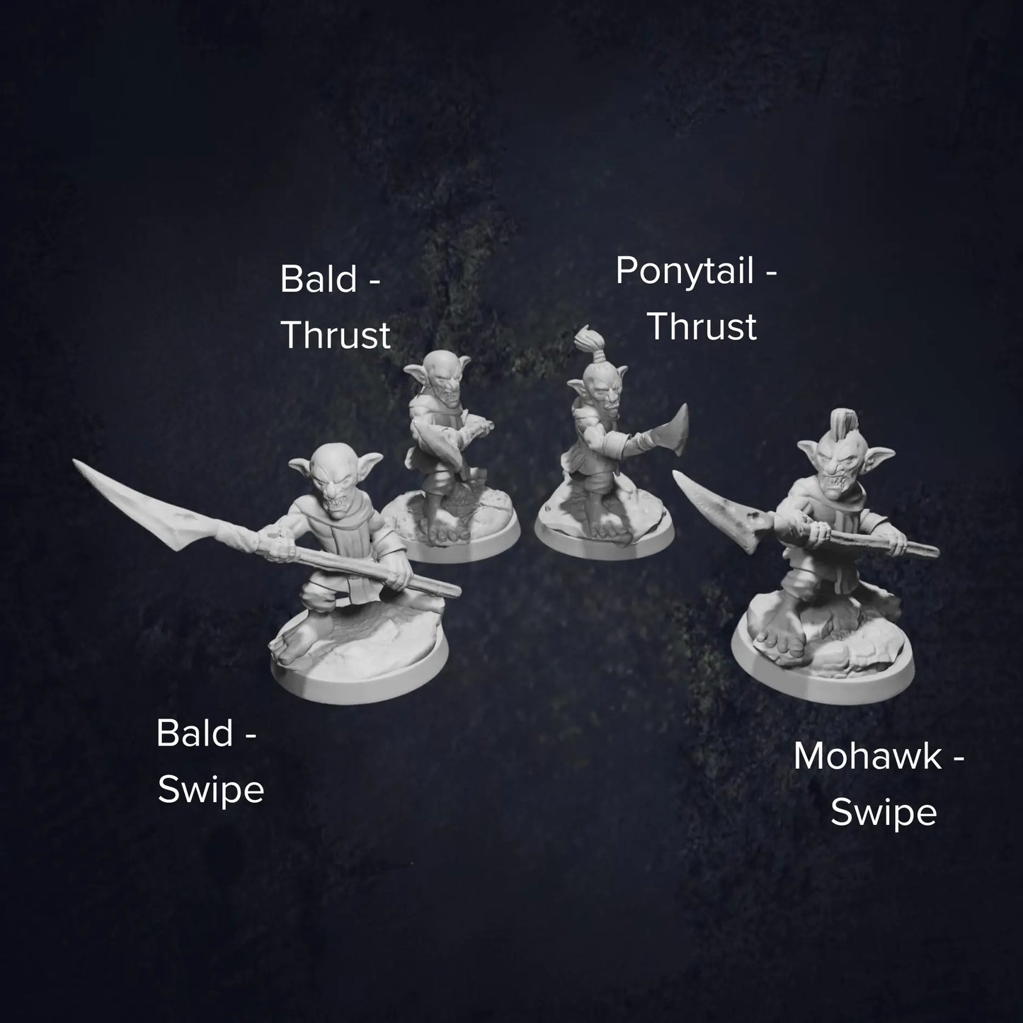 Unpainted 3D-printed resin goblin miniature wielding a spear, labeled for identification. Designed for DnD, tabletop RPGs, and wargaming, this high-quality fantasy miniature stands on a textured round base, perfect for painting and customization.