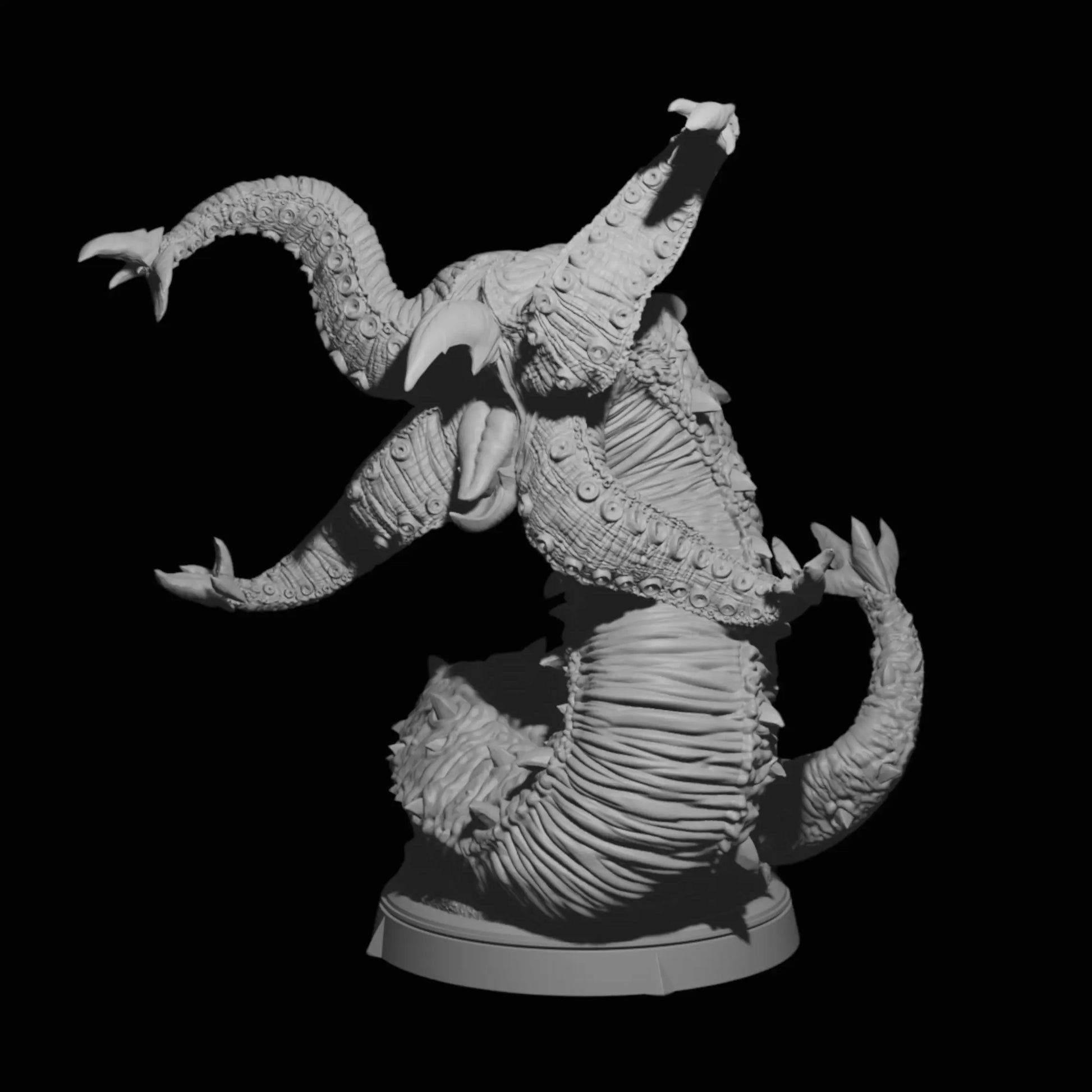 A front view of an unpainted 3D printed Grick miniature for Dungeons & Dragons (DnD), featuring detailed tentacles, beaked mouth, and coiled serpent body on a display base.