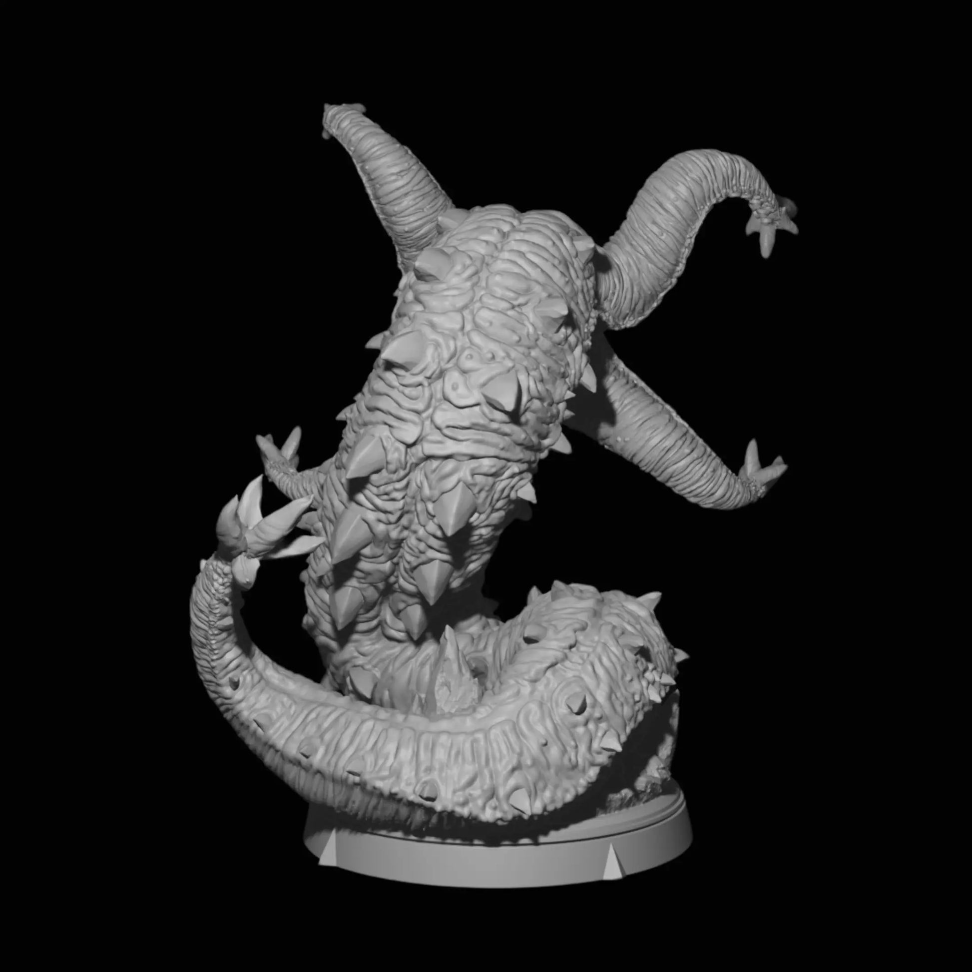 A rear view of an unpainted 3D printed Grick miniature for Dungeons & Dragons (DnD), featuring detailed tentacles, beaked mouth, and coiled serpent body on a display base.