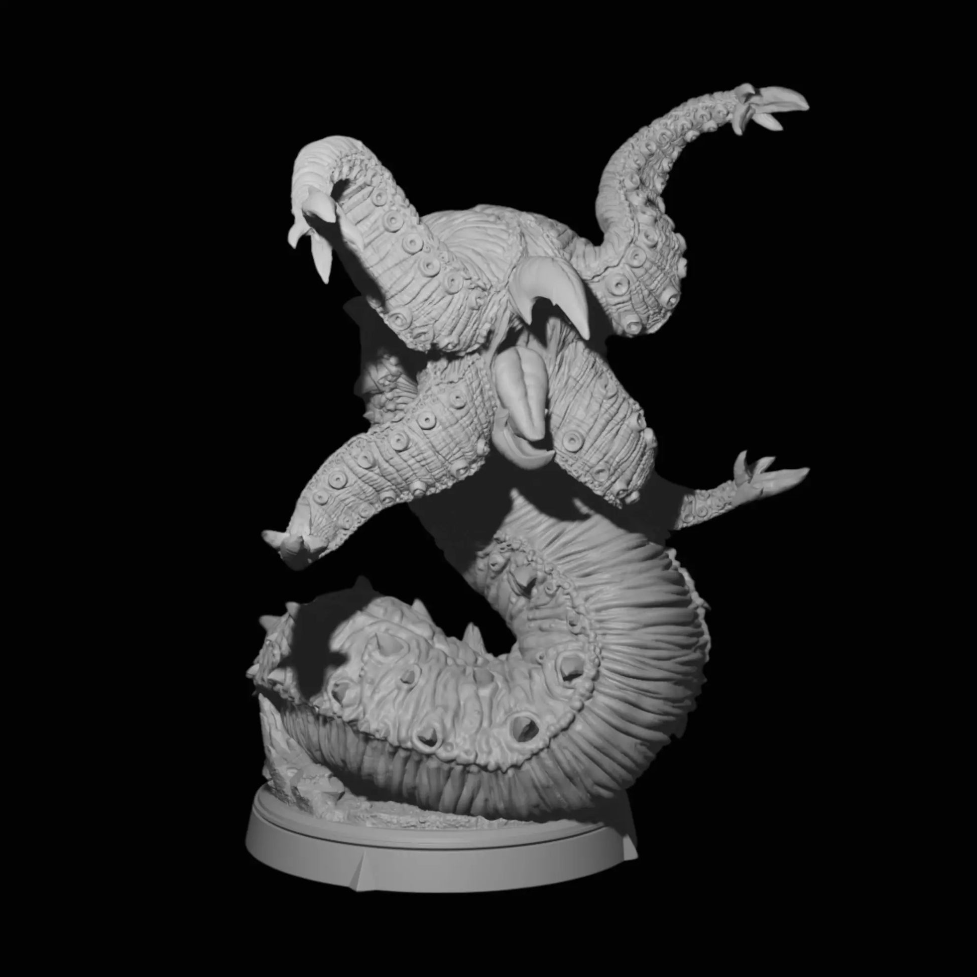 A side profile of an unpainted 3D printed Grick miniature for Dungeons & Dragons (DnD), featuring detailed tentacles, beaked mouth, and coiled serpent body on a display base.