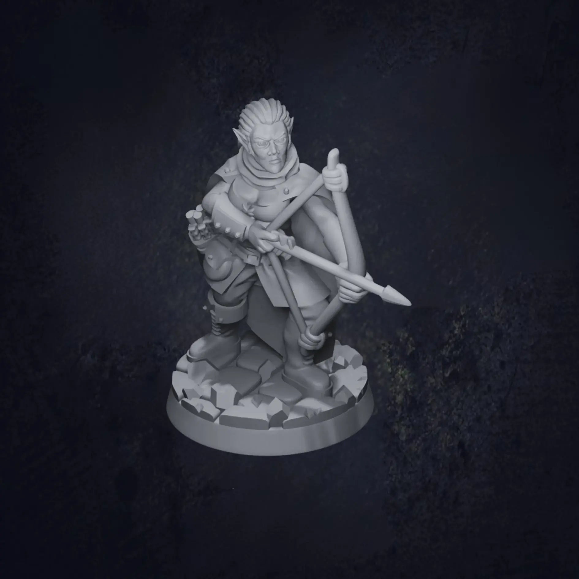 A detailed DnD miniature of a half-elf ranger in a dynamic, nature-inspired pose. The ranger is equipped with a longbow and a quiver of arrows, wearing a mix of light armor and rugged outdoor attire. Their pointed ears and graceful features reflect their elven heritage, while their focused expression suggests their expertise in survival and tracking. The base is textured to resemble a forest floor, perfect for outdoor or wilderness encounters.
