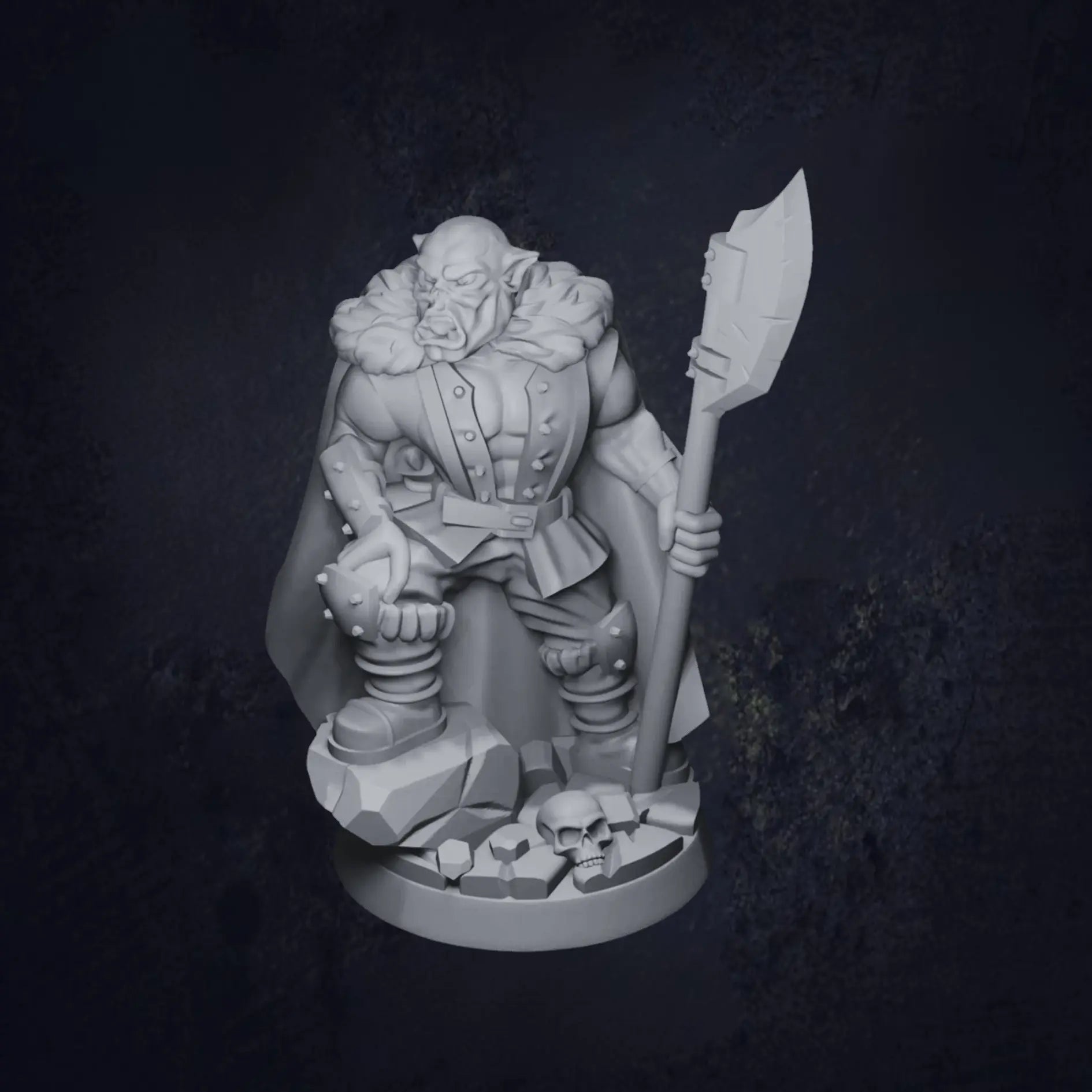 A fierce and imposing DnD miniature of a half-orc warrior holding a massive halberd. The figure features the half-orc's signature muscular build and greenish skin, dressed in rugged armor. The warrior stands in a ready stance, prepared for battle, with the halberd raised as if ready to strike. Their expression is fierce and determined, embodying the strength and ferocity of a warrior. The textured base hints at a battle-ready terrain.