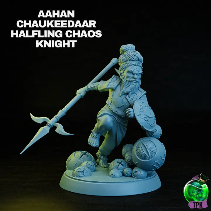 A render of a detailed miniature of a halfling chaos knight, designed by TPK Lab. The knight wields a double-bladed spear and a patterned shield, clad in ornate armor with mysterious symbols. The figure stands on a unique base adorned with eerie, spherical eyeball-like features, adding a fantastical and ominous aesthetic.