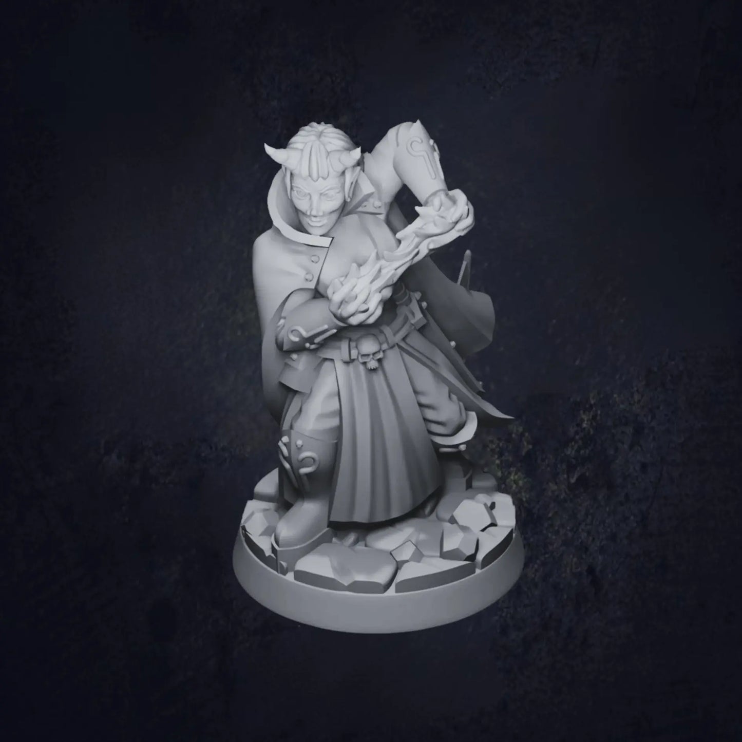 A finely crafted DnD miniature of a horned mage, standing in a powerful spellcasting pose. The mage is adorned in ornate robes with mystical symbols and arcane designs. Two prominent horns protrude from their head, suggesting a tie to infernal or otherworldly powers. They wield a staff with a glowing crystal or arcane orb, indicating their mastery of magic. The figure radiates an air of mystery and magical potency, perfect for sorcerous or dark-themed campaigns.