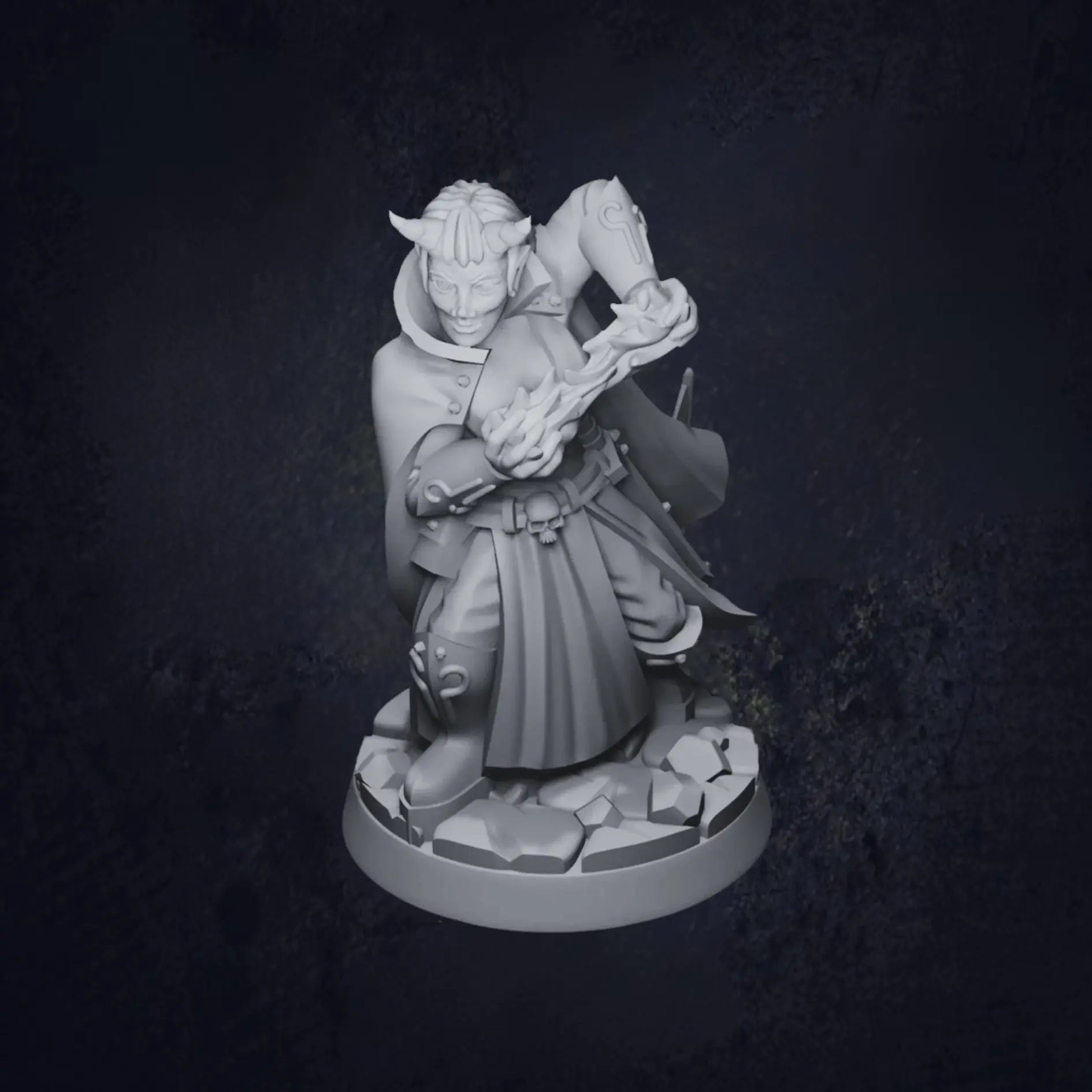 A finely crafted DnD miniature of a horned mage, standing in a powerful spellcasting pose. The mage is adorned in ornate robes with mystical symbols and arcane designs. Two prominent horns protrude from their head, suggesting a tie to infernal or otherworldly powers. They wield a staff with a glowing crystal or arcane orb, indicating their mastery of magic. The figure radiates an air of mystery and magical potency, perfect for sorcerous or dark-themed campaigns.