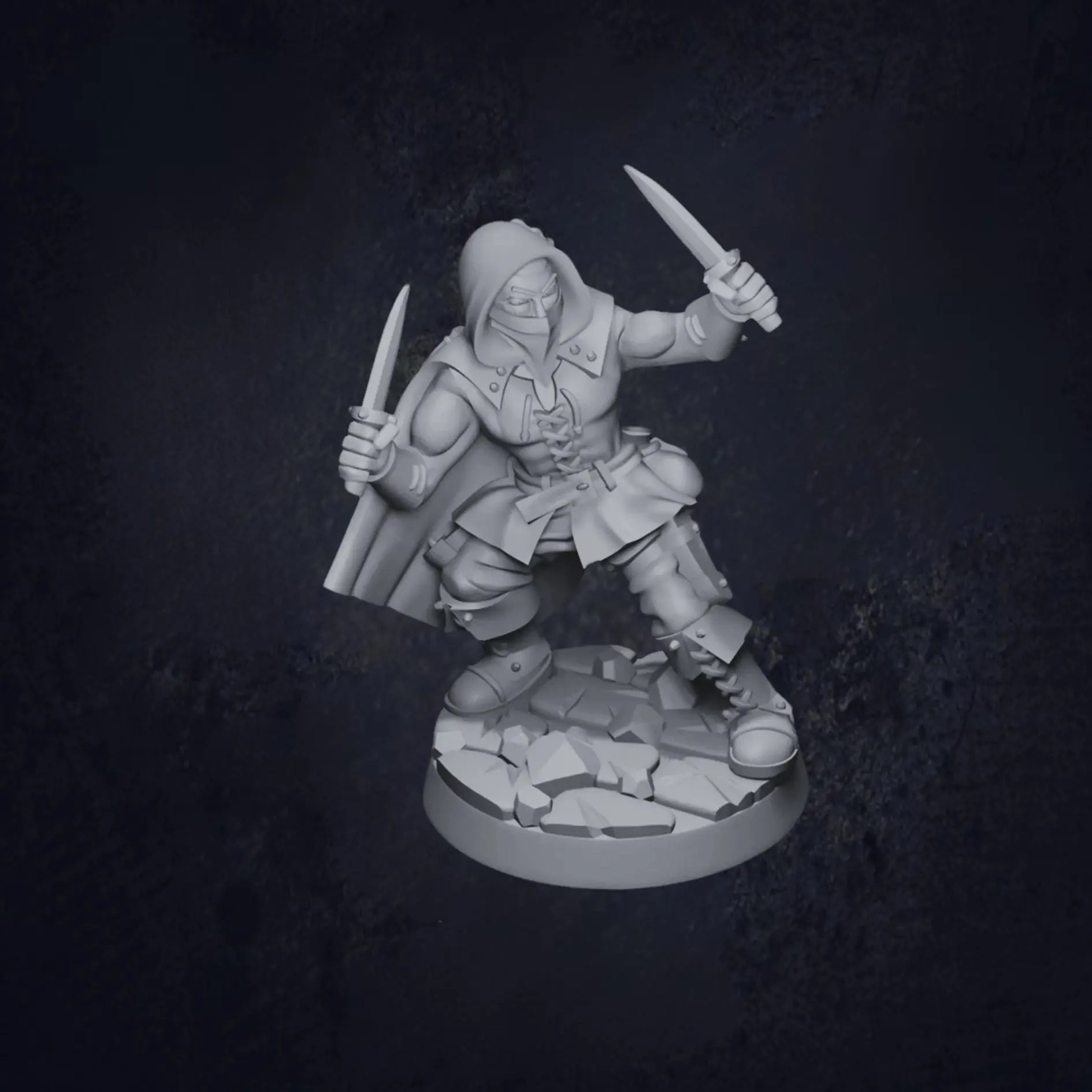 A detailed DnD miniature of a human rogue, posed in a stealthy crouch. The rogue is dressed in dark, flexible armor designed for agility, with a hood and cloak that help blend into the shadows. In one hand, the rogue holds a dagger, while the other is ready for action. The miniature's focused expression and nimble stance reflect the rogue's expertise in stealth and subterfuge, making it ideal for sneaky encounters or surprise attacks.