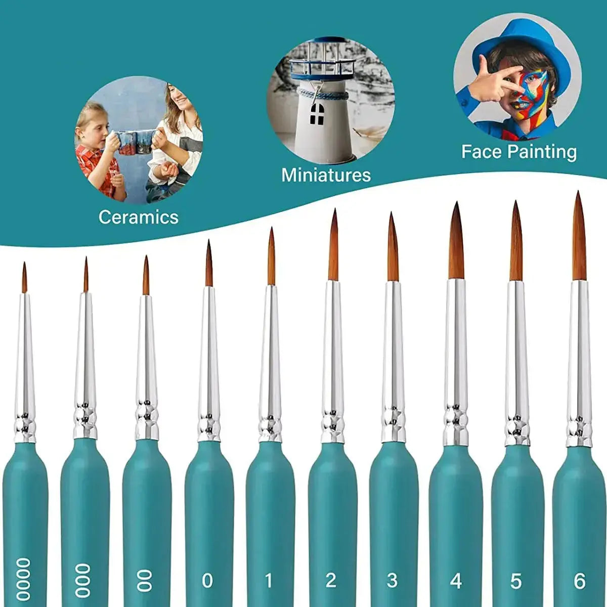 demonstrates use in ceramics, miniature painting and face painting.