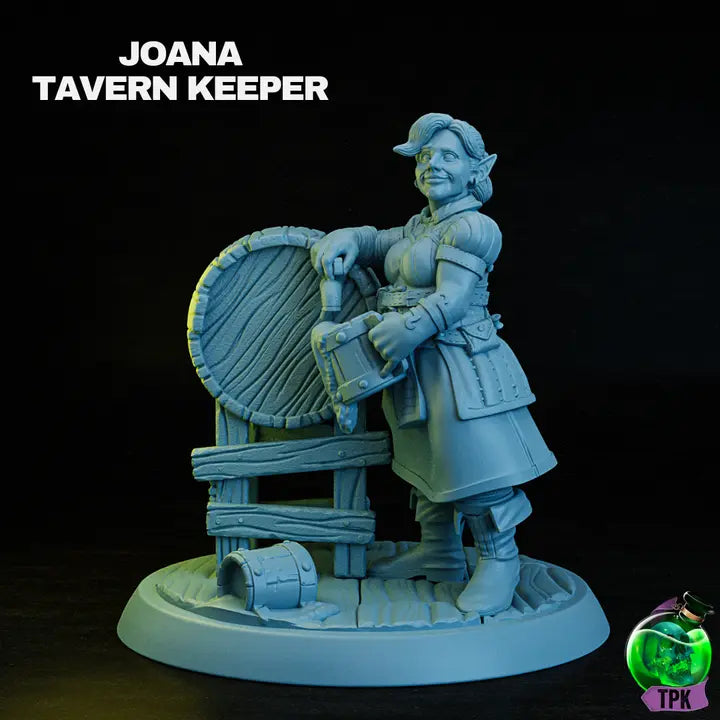 A render of a miniature figurine of a female half elf tavern keeper standing beside a large barrel. The figure wears medieval-style attire, including a belted tunic and boots, and holds a tankard in one hand. The other hand rests casually on the barrel, with a small bucket on the ground nearby. The figure is mounted on a textured, circular base, adding detail to the scene.