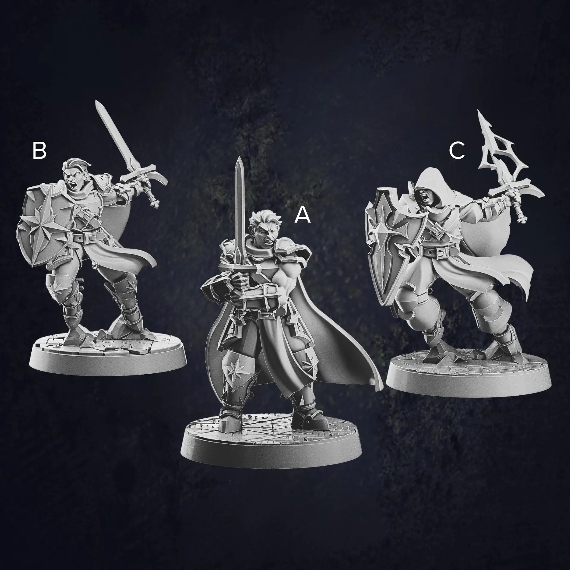 A labelled image of three male human paladin miniatures at 32mm scale designed by Cast N Play, each on 30mm bases. The first paladin is holding a sword with both hands, ready for combat. The second paladin stands in a battle pose, holding a sword and shield, displaying a defensive stance. The third paladin, also in a battle pose, is hooded and holds a sword and shield, with a more mysterious and vigilant appearance.