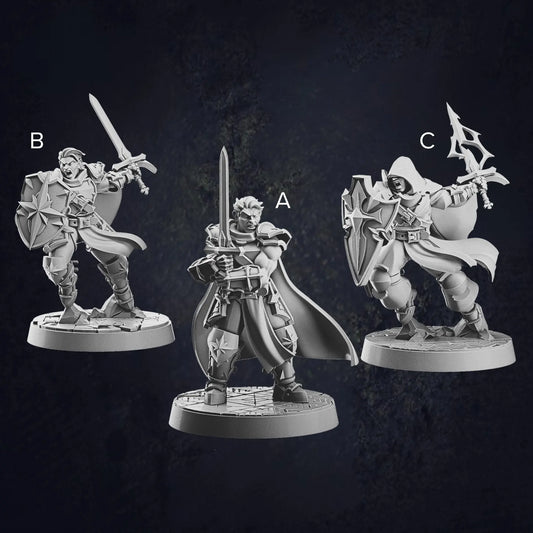 A labelled image of three male human paladin miniatures at 32mm scale designed by Cast N Play, each on 30mm bases. The first paladin is holding a sword with both hands, ready for combat. The second paladin stands in a battle pose, holding a sword and shield, displaying a defensive stance. The third paladin, also in a battle pose, is hooded and holds a sword and shield, with a more mysterious and vigilant appearance.