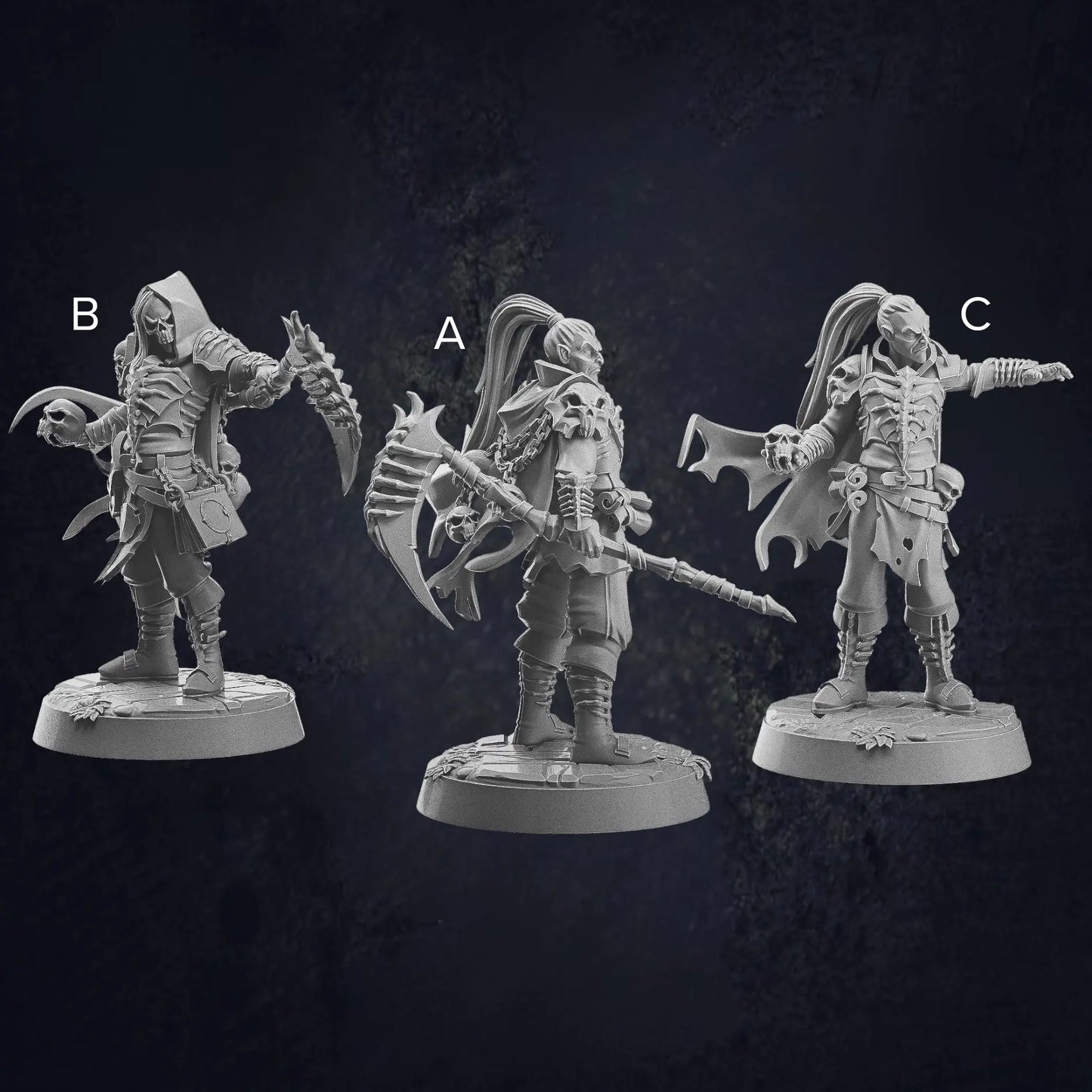 A labelled image of miniature figurines of dark fantasy characters, suitable for undead or vampire warriors, each posed menacingly. The figures wear gothic-style armor with intricate details, capes, and accessories. One wields a jagged scythe, another holds a massive, spiked axe, and the third gestures dramatically with a flared cloak. Their designs include skull motifs, tattered clothing, and fierce expressions, enhancing their eerie and powerful presence. Each stands on a textured round base.