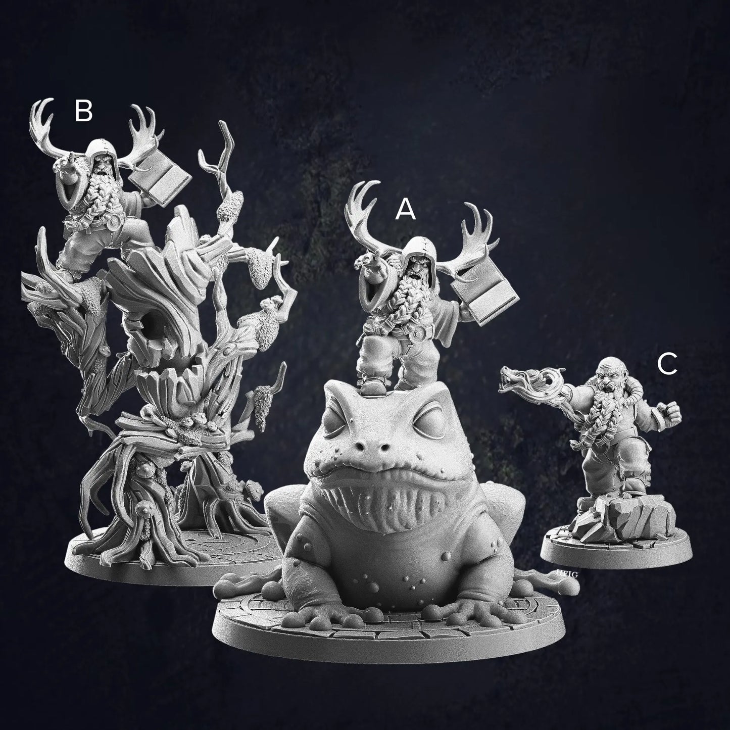 A labelled image of three dwarf druid miniatures, each with unique poses and nature-themed details. The first dwarf is perched atop a large frog, with a confident stance, embodying a bond with nature. The second dwarf is merged with a treant, standing tall with the tree's branches forming a protective canopy around them. The third dwarf stands on a rock, holding a staff, exuding a powerful connection to the natural world, ready for action."